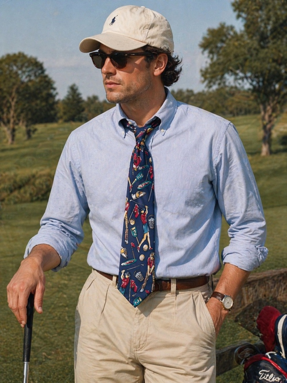 Silk Golf Tie Novelty Print Vintage Style Men Blue Golfcore Preppy Old Money